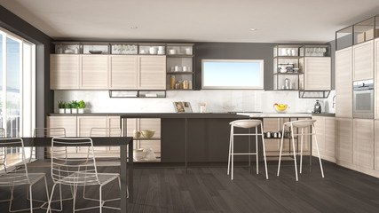 Penthouse minimalist kitchen interior design, lounge with sofa and carpet, dining table, island with stools, parquet. Modern contemporary gray architecture concept idea