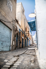Beautiful street of Medina Sousse in traditional colors. Tunisia. North Africa.