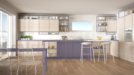 Penthouse minimalist kitchen interior design, lounge with sofa and carpet, dining table, island with stools, parquet. Modern contemporary white and violet architecture concept