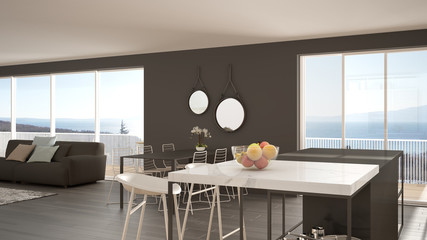 Penthouse minimalist kitchen interior design, lounge with sofa and carpet, dining table, island with stools, parquet. Modern contemporary gray architecture concept idea