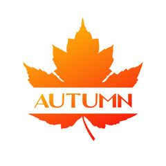 Logotipo con texto Autumn en rectángulo color blanco en hoja de arce en color naranja