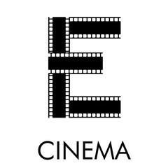 Logotipo con texto CINEMA con letra E como tira de película en color negro