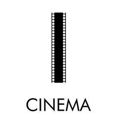 Logotipo con texto CINEMA con letra I como tira de película en color negro
