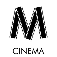 Logotipo con texto CINEMA con letra M como tira de película en color negro
