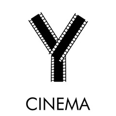 Logotipo con texto CINEMA con letra Y como tira de película en color negro