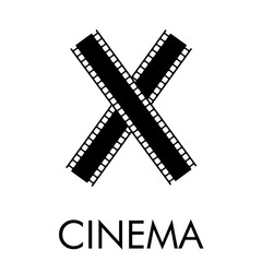 Logotipo con texto CINEMA con letra X como tira de película en color negro