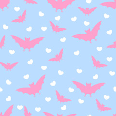 Vector seamless halloween pattern with hand draw silhouette of  pastels pink bats on pastels blue background with white hearts for wrapping, textile or packaging