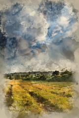 Fototapeta na wymiar Digital watercolor painting of Beautiful Summer sunset landscape image of Ashdown Forest in English countryside with vivd colors