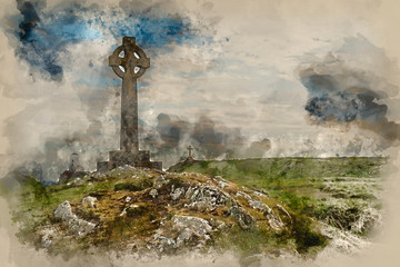 Digital watercolor painting of Landscape of Celtic Cross on Ynys Llanddwyn Island in Angelsey with Twr Mawr Lighthouse in background.