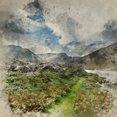 Digital watercolor painting of Stunning landscape image of countryside around Llyn Ogwen in Snowdonia during early Autumn