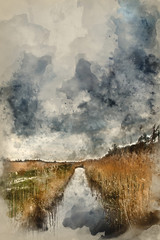 Digital watercolor painting of Stormy sky landscape over wetlands in countryside