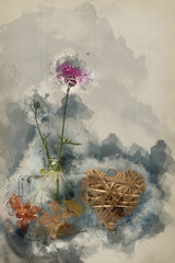 Digital watercolor painting of Beautiful flower in vase with heart still life love concept