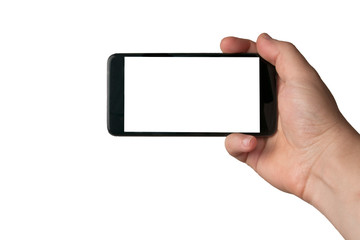 A man hold a blank screen smartphone in the action of taking a selfie
