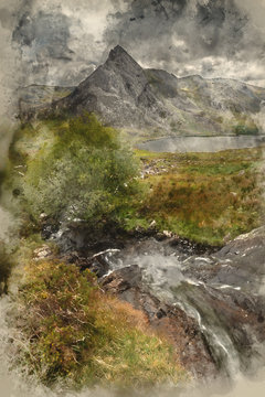 Digital watercolor painting of Stunning landscape image of countryside around Llyn Ogwen in Snowdonia during ear;y Autumn