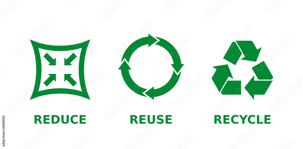 Wall mural Reduce, reuse, recycle icon set. Ecology, zero waste, sustainability, conscious consumerism, renew, concept. Three different green recycle, reduce, reuse signs. Vector illustration,flat style,clip art