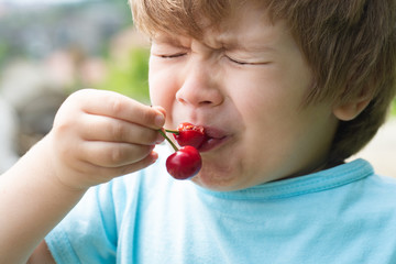 Sour. Sour taste. A child tastes a cherry. Ripe harvest. Vitamins. Sour cherry. - 284801299