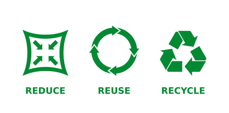 Reduce, reuse, recycle icon set. Ecology, zero waste, sustainability, conscious consumerism, renew, concept. Three different green recycle, reduce, reuse signs. Vector illustration,flat style,clip art