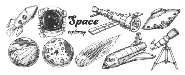 Fototapeten Collection Of Space Exploring Elements Set Vector. Space Rocket And Shuttle, Satellite And Ufo, Asteroid And Exposure Suit, Planet And Telescope. Hand Drawn In Vintage Style Monochrome Illustrations © PikePicture