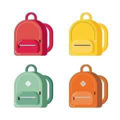 Coloreв back to school backpack. Education and study schoolbag luggage, rucksack vector illustration. Kids school bag with education equipment. vector illustration. web banner, flyer, poster, clip art