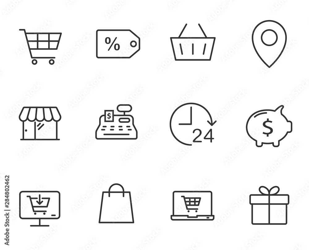 Poster e-commerce outline vector icons set isolated on white background. business commerce comcept. e comme