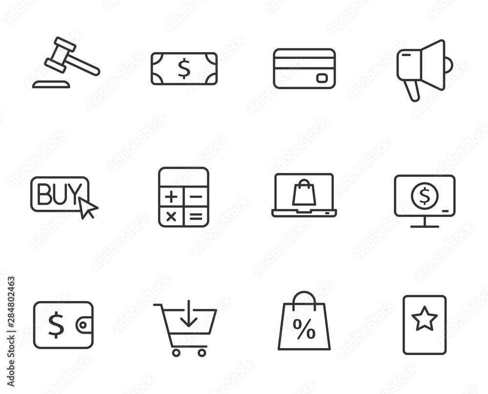 Poster e-commerce outline vector icons set isolated on white background. business commerce comcept. e comme