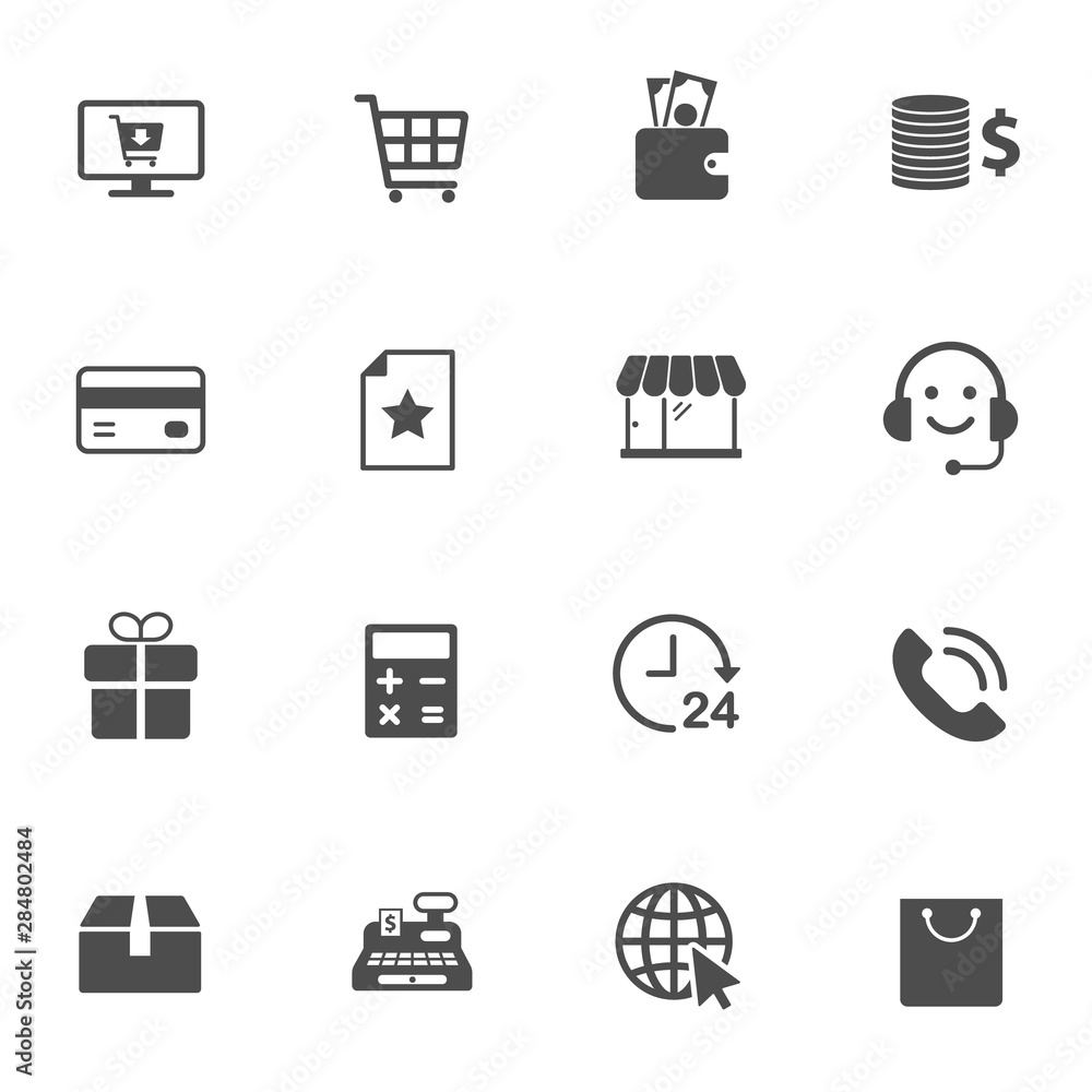 Poster e-commerce vector icons set isolated on white background. business commerce comcept. e commerce flat