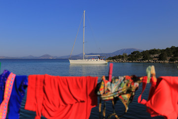 Morning on sailing yacht. Underwear drying on sailing yacht