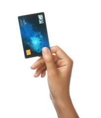 Female hand with credit card on white background