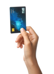 Female hand with credit card on white background