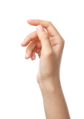 Female hand on white background