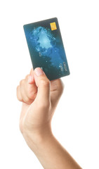 Female hand with credit card on white background