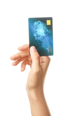 Female hand with credit card on white background