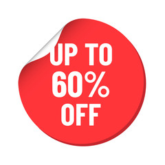round red discount sticker. bent label isolated on white background. discount up to 60 percent off. illustration for promo advertising discounts