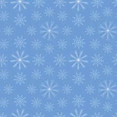 Winter seamless repeat pattern with white snowflakes at the light blue background. Usable for party invitations, cards, posters, wrapping paper, packaging. Vector illustration
