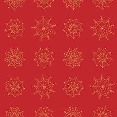 New year and Christmas seamless pattern. Gold snowflakes at the red background. Vector illustration usable for wrapping paper, posters, invitations, greeting cards, banners 