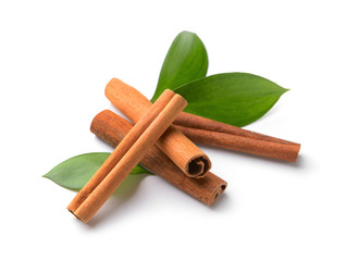 Aromatic cinnamon sticks on white background