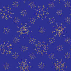 Blue and gold seamless winter pattern.Elegant snowflakes at the blue background. Usable for party invitations, greetings cards, posters, wrapping paper, packaging, textile. Vector illustration