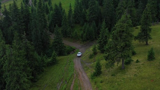 Off road pickup truck driving in mountain forest. Aerial 4k view  