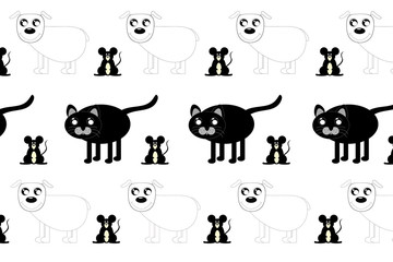 Black and white kawaii illustration. Dog, cat and mouse in a repeating seamless pattern.