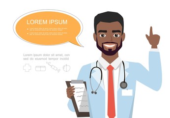 Handsome black african american male doctor raising up his finger to give advice or recommendation. Hospital worker speaking with speech bubble and holding clipboard.