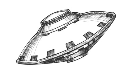 Ufo Unidentified Flying Object Monochrome Vector. Ufo Mystery Alien Cosmic Spaceship Fantasy Technology. Space Visitor Transport Hand Drawn In Vintage Style Black And White Illustration © PikePicture