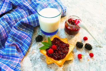 A glass of milk and a toaster with jam. Breakfast concept. 