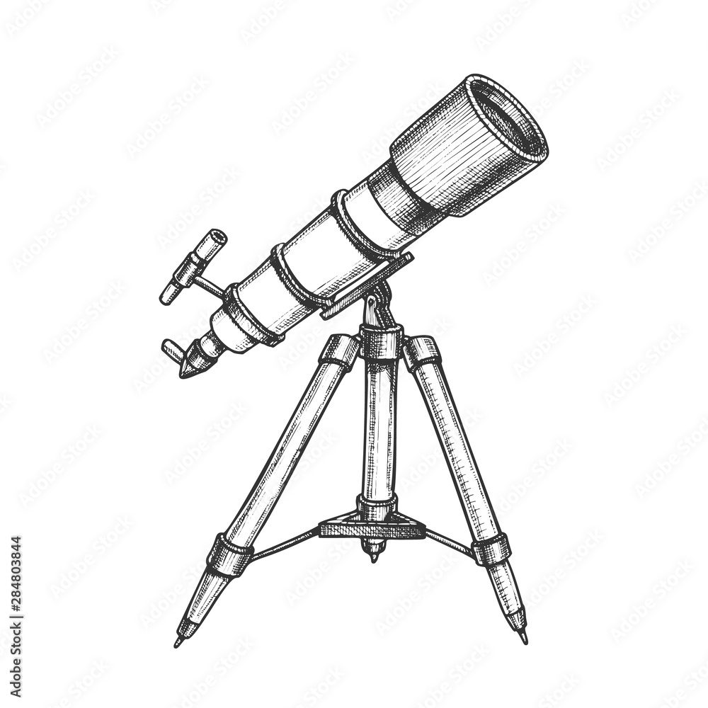 Wall mural astronomer equipment telescope monochrome vector. standing telescope for explore and observe galaxy 