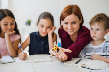 A group of small school kids with teacher sitting in circle in class, learning.
