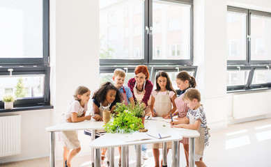 A group of small school kids with teacher standing in circle in class, planting herbs.