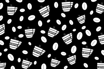 Black and white illustrated seamless texture. White cups of coffee with coffee beans on black background.