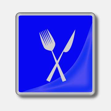 Illustration.Web blue button with silver frame, reflection and cutlery symbol isolated on white background.