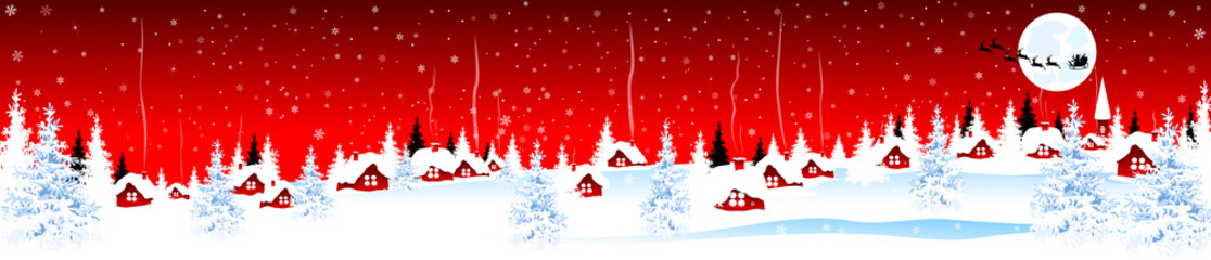 Little village on Christmas Eve 1. Little village on Christmas Eve on red background. Snow-covered village. Night scene of winter rural landscape on Christmas Eve
