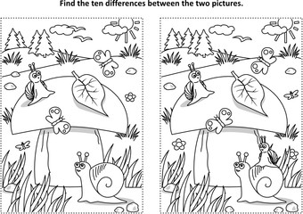 Find the ten differences picture puzzle and coloring page with big yummy mushroom and mom and kids snails