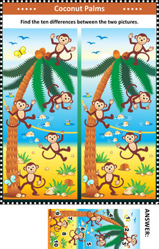 Visual puzzle with happy playful monkeys on the beach and coconut palms: Find the ten differences between the two pictures. Answer included.